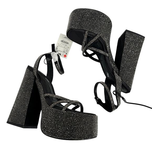 Zara Rhinestone Chunky High Heeled Platform Sandals Black & Silver Size 6 - Picture 9 of 12
